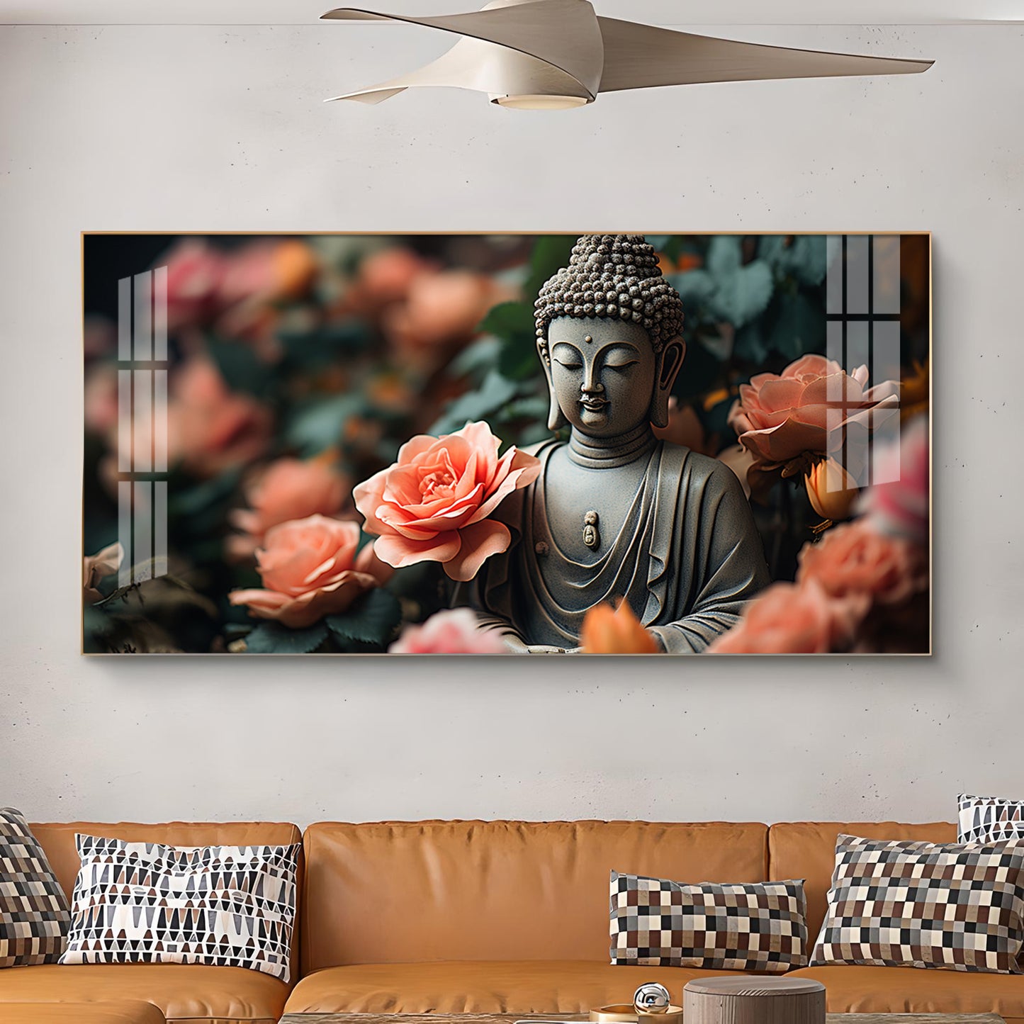 Calm Buddha With Flower Glass Finish Horizontal Wall Art