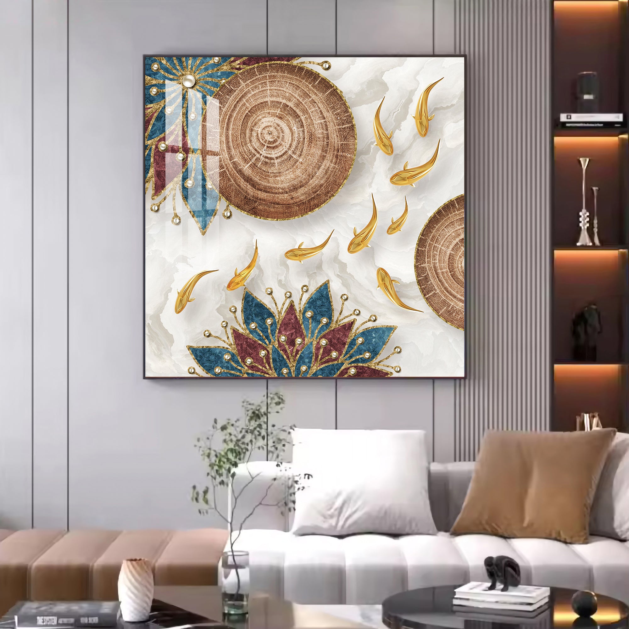 Ivory and Gold Fish Harmony Glass Finish Square Wall Art