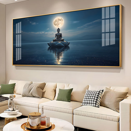 Buddha In Littoral land Glass Finish Horizontal Wall Art