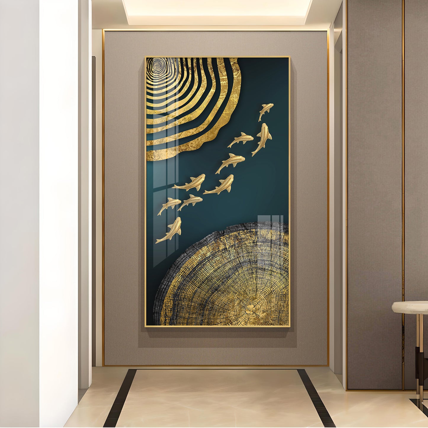 Luminous Fish Dance Glass Finish Vertical Wall Art