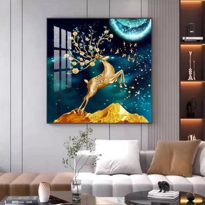 Golden Antlered Beauty Glass Finish Square Wall Art