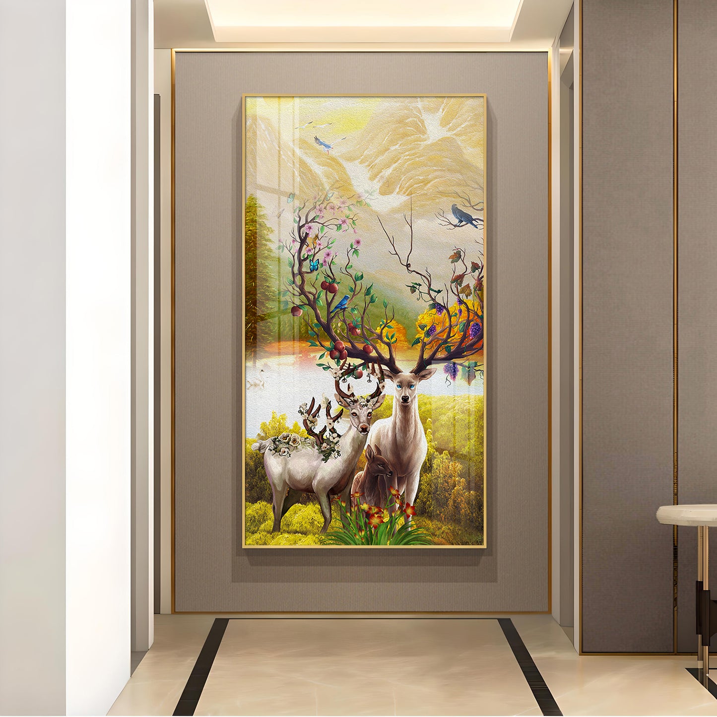 Portrait of Deer and Blossoms Glass Finish Vertical Wall Art