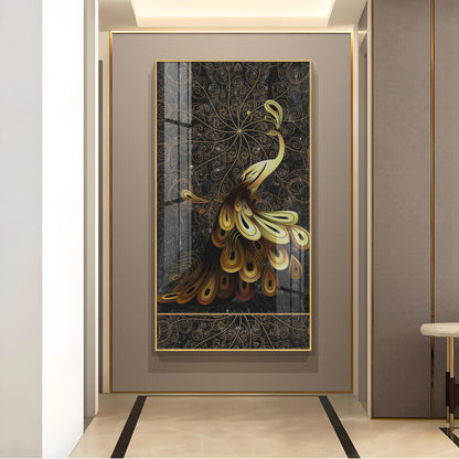 Golden Veil Peacock Glass Finish Vertical Wall Art