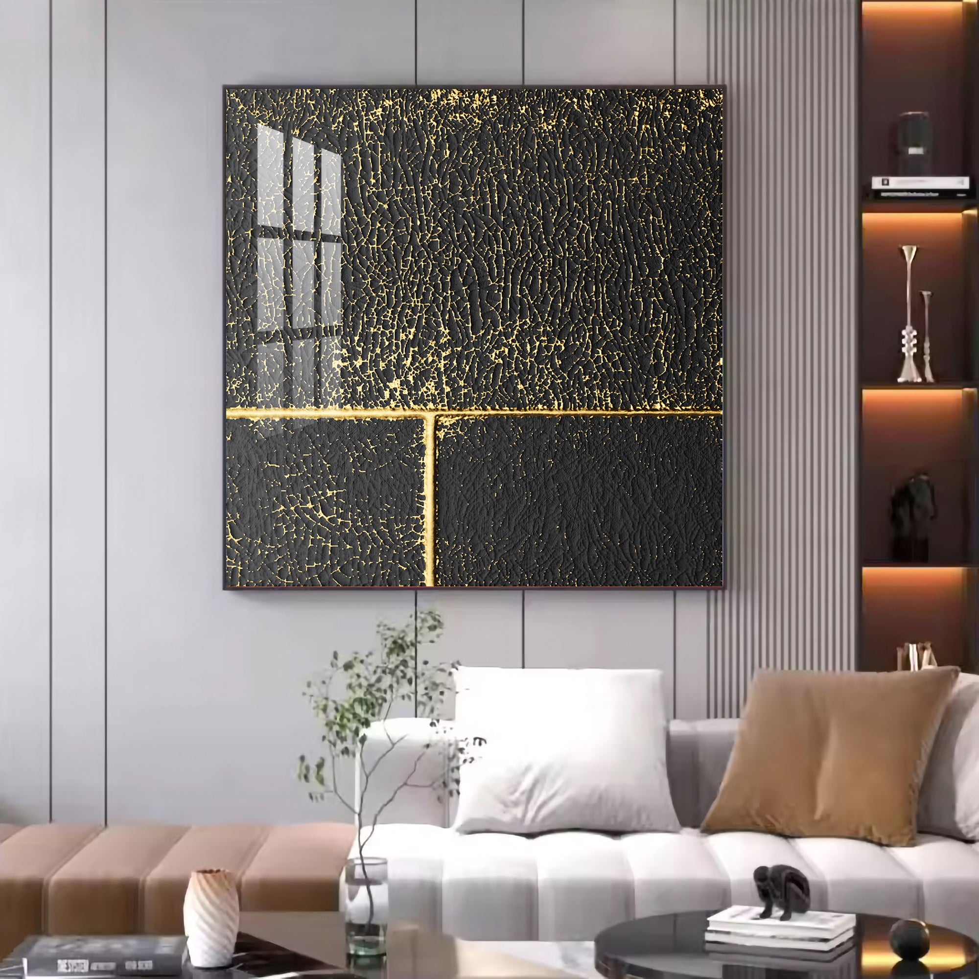 Black and Gold Reverie Glass Finish Square Wall Art