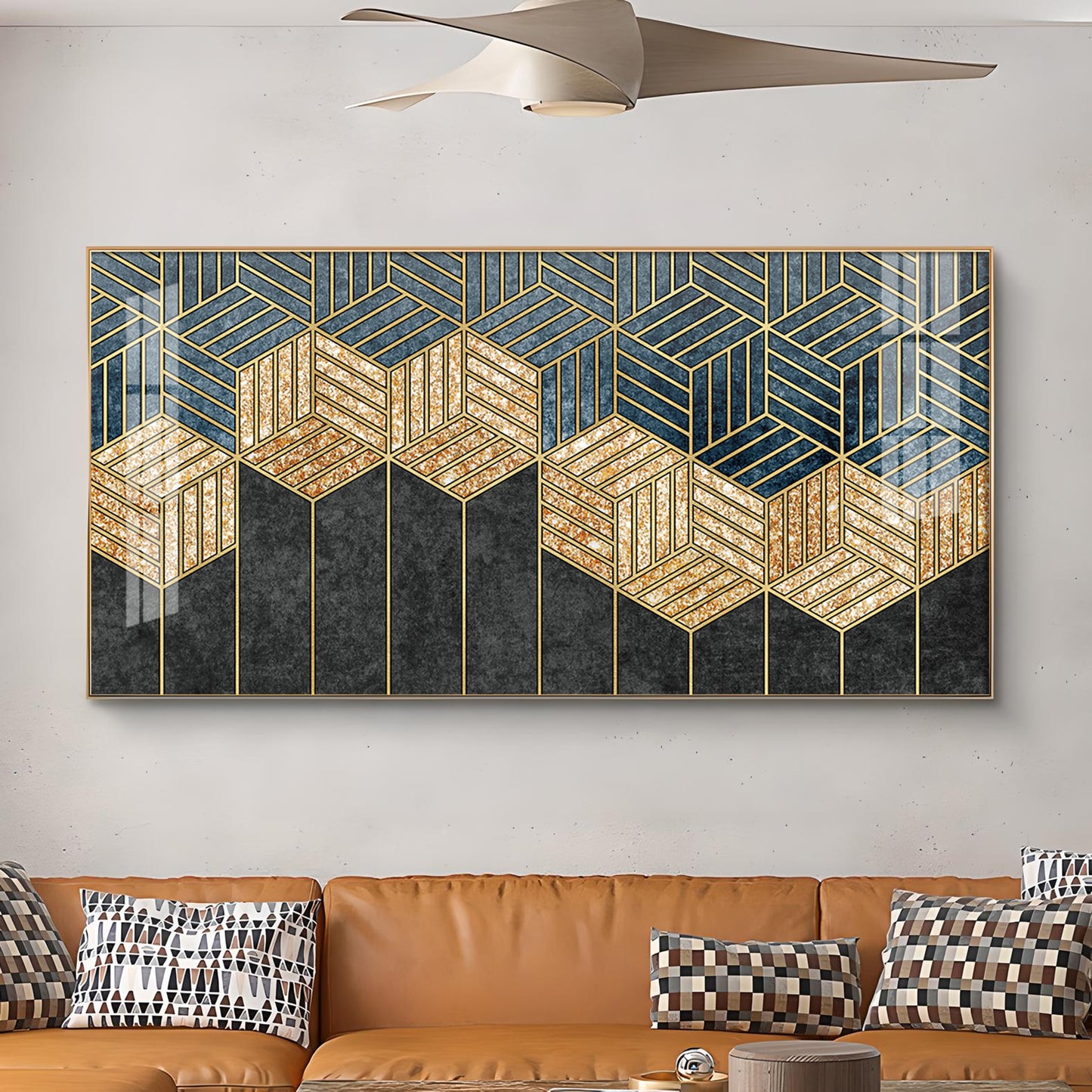 Hampton Abstract Black & Gold Glass Finish Horizontal Wall Art