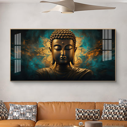 Lord Buddha Golden Glass Finish Horizontal Wall Art