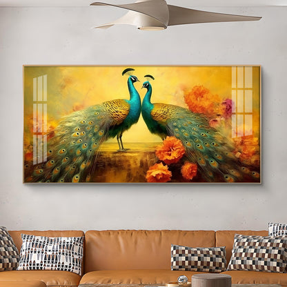 Peacocks With Flower Background Glass Finish Horizontal Wall Art