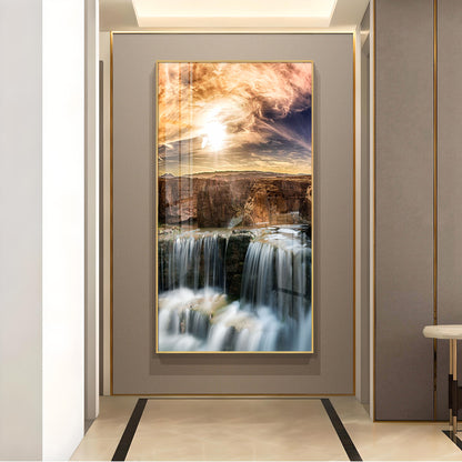 Dusk Over the Falls Glass Finish Vertical Wall Art