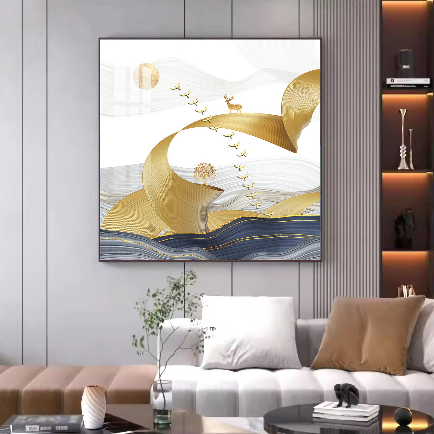 Golden Bird Above the Peaks Glass Finish Square Wall Art