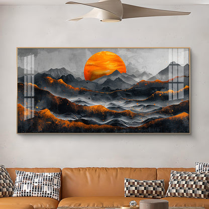 Sun Rise In Black Mountain Glass Finish Horizontal Wall Art