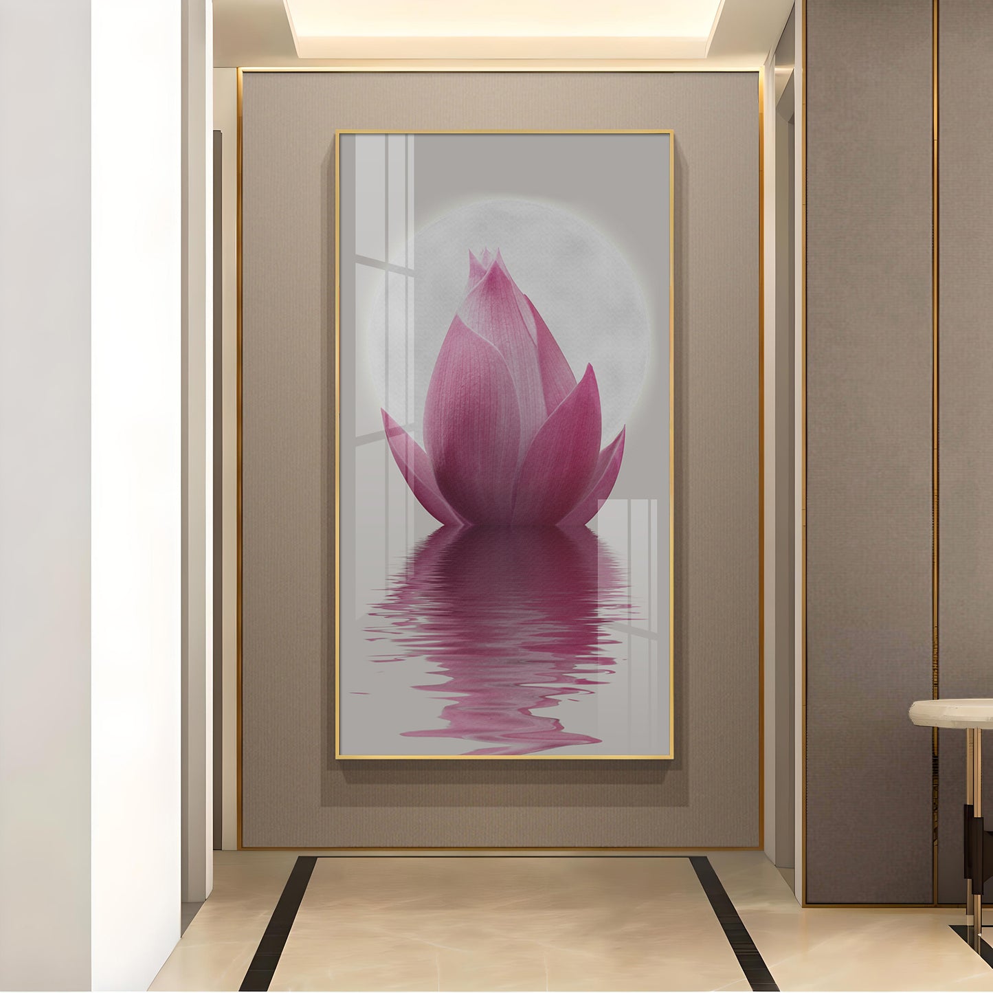 Lunar Lotus Glass Finish Vertical Wall Art