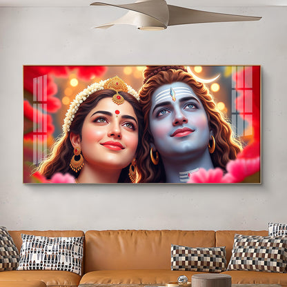Lord Shiva and Parvati Glass Finish Horizontal Wall Art