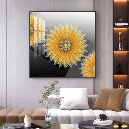 Golden Bloom Glass Finish Square Wall Art