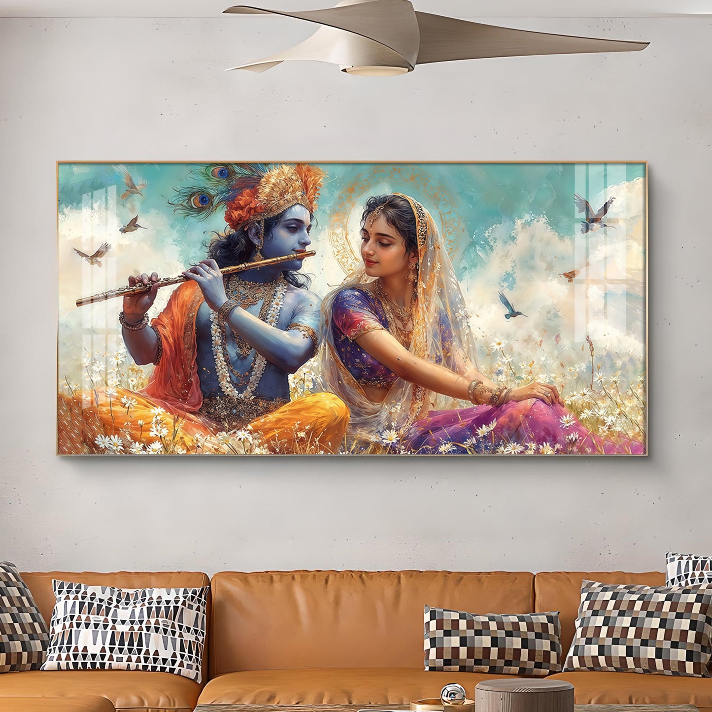 Radhe Krishna Loving Glass Finish Horizontal Wall Art