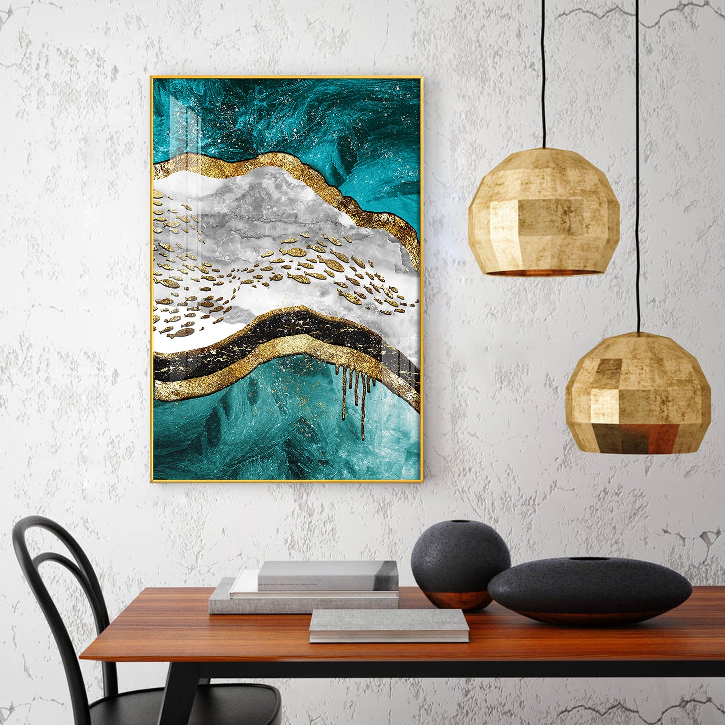 Aqua Gold Cascade Glass Finish Vertical Wall Art