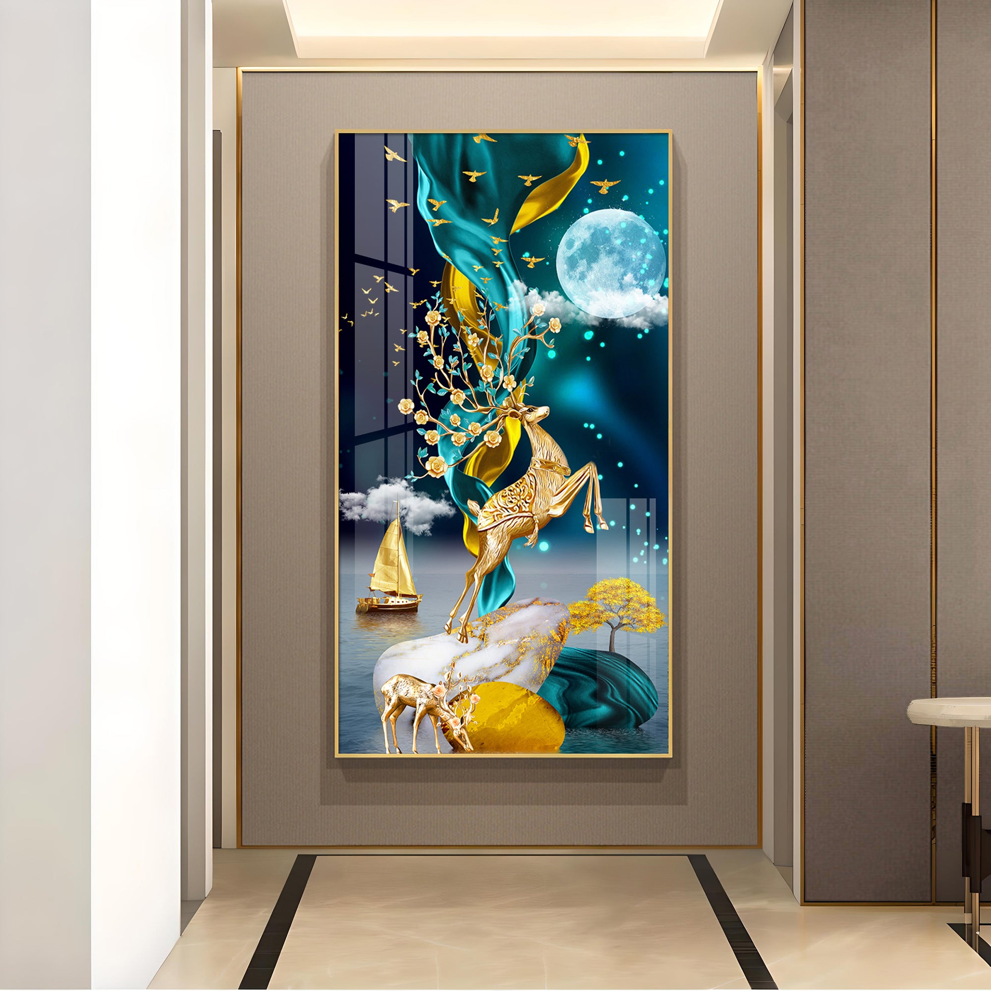 Moonnlit Dancing Deer Glass Finish Vertical Wall Art