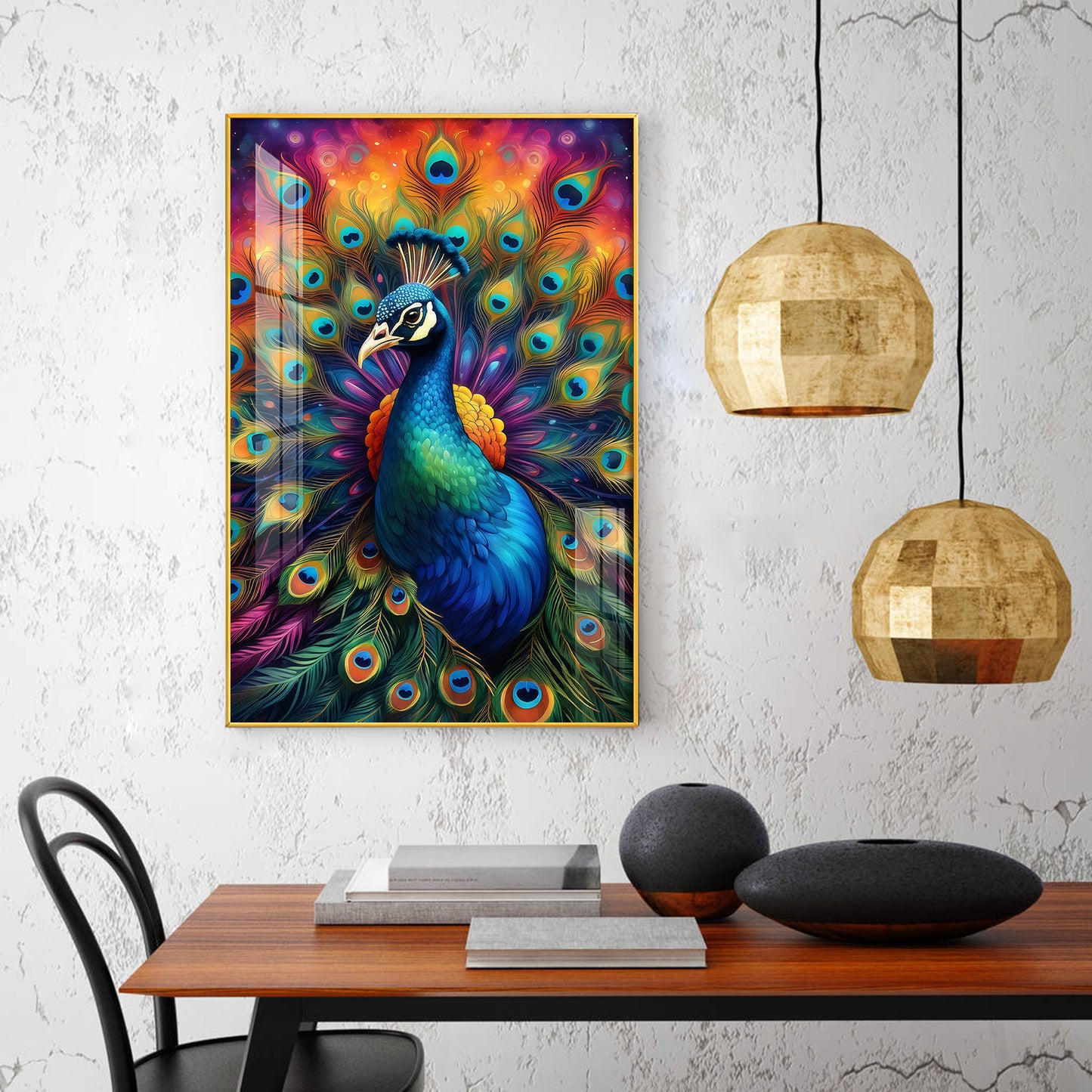 Beautiful Peacock Glass Finish Vertical Wall Art