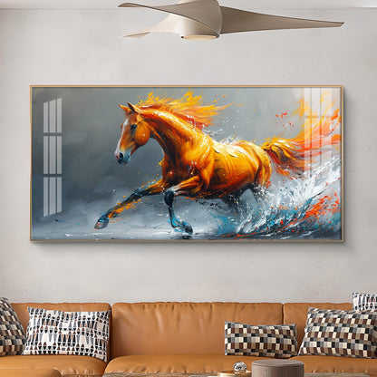 One Running Horse Glass Finish Horizontal Wall Art