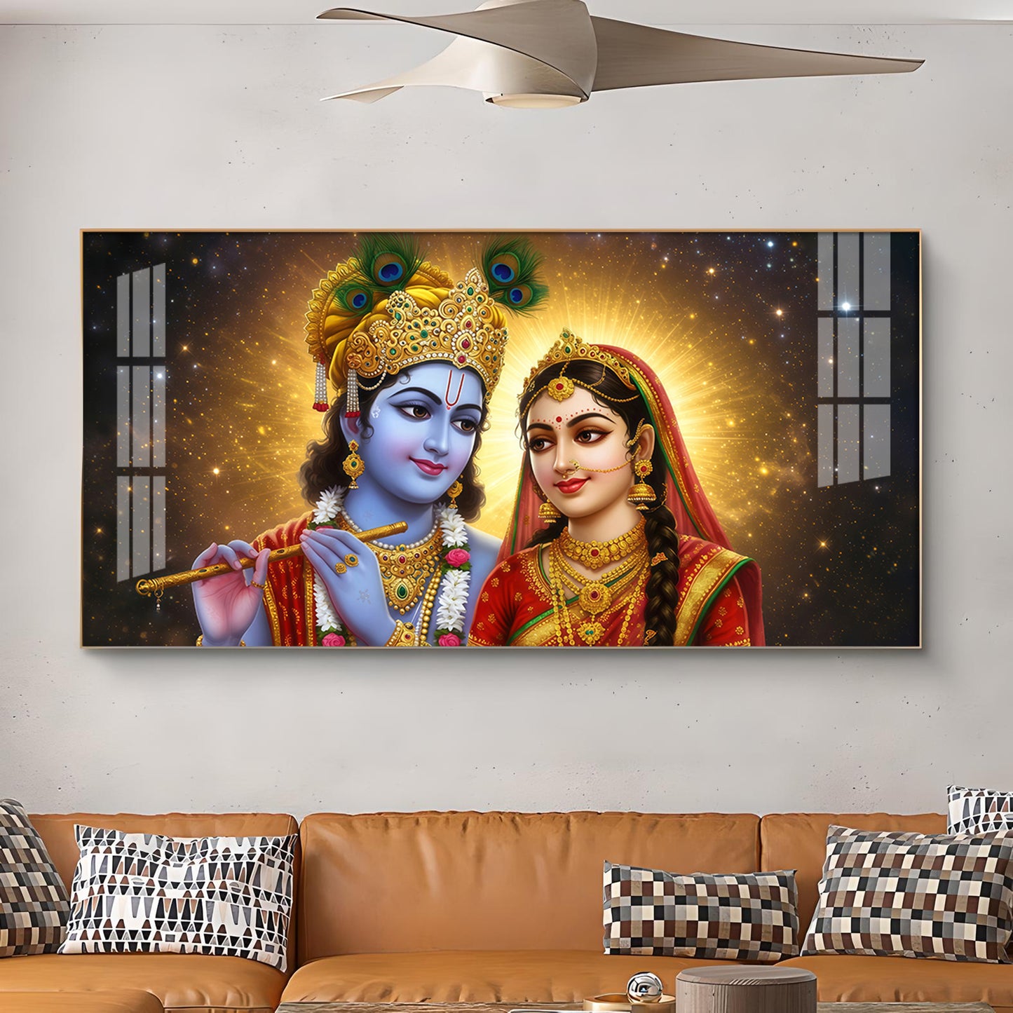 Sri Radhe Krishna Loving Charm Glass Finish Horizontal Wall Art
