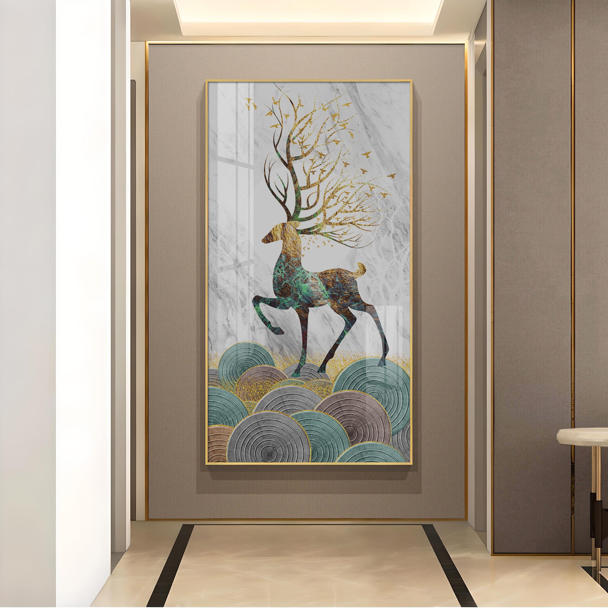 Deer and Its Branches Glass Finish Vertical Wall Art