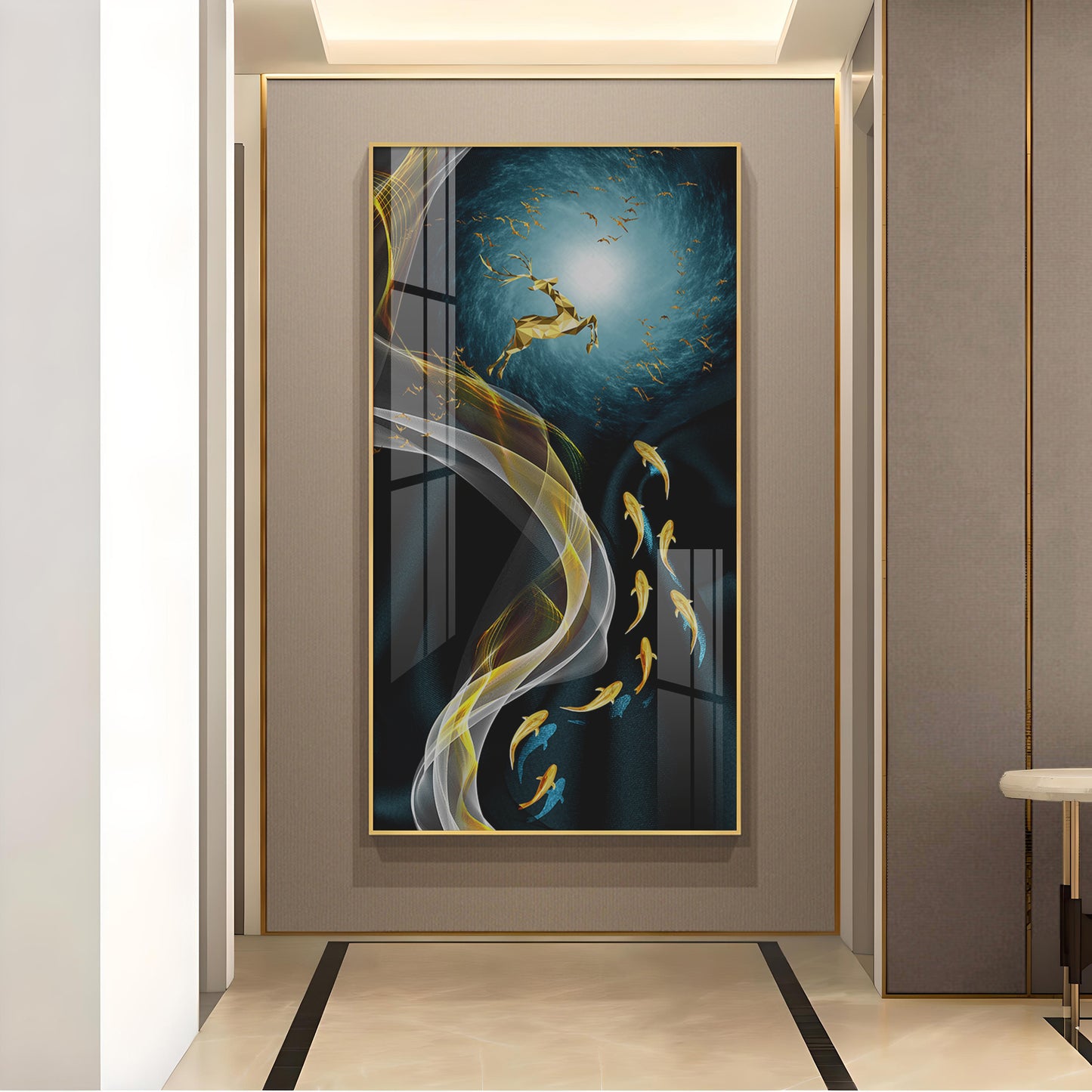 The Golden Swim Glass Finish Vertical Wall Art