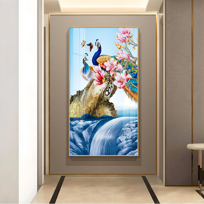 Peacock Amidst Floral Waters Glass Finish Vertical Wall Art