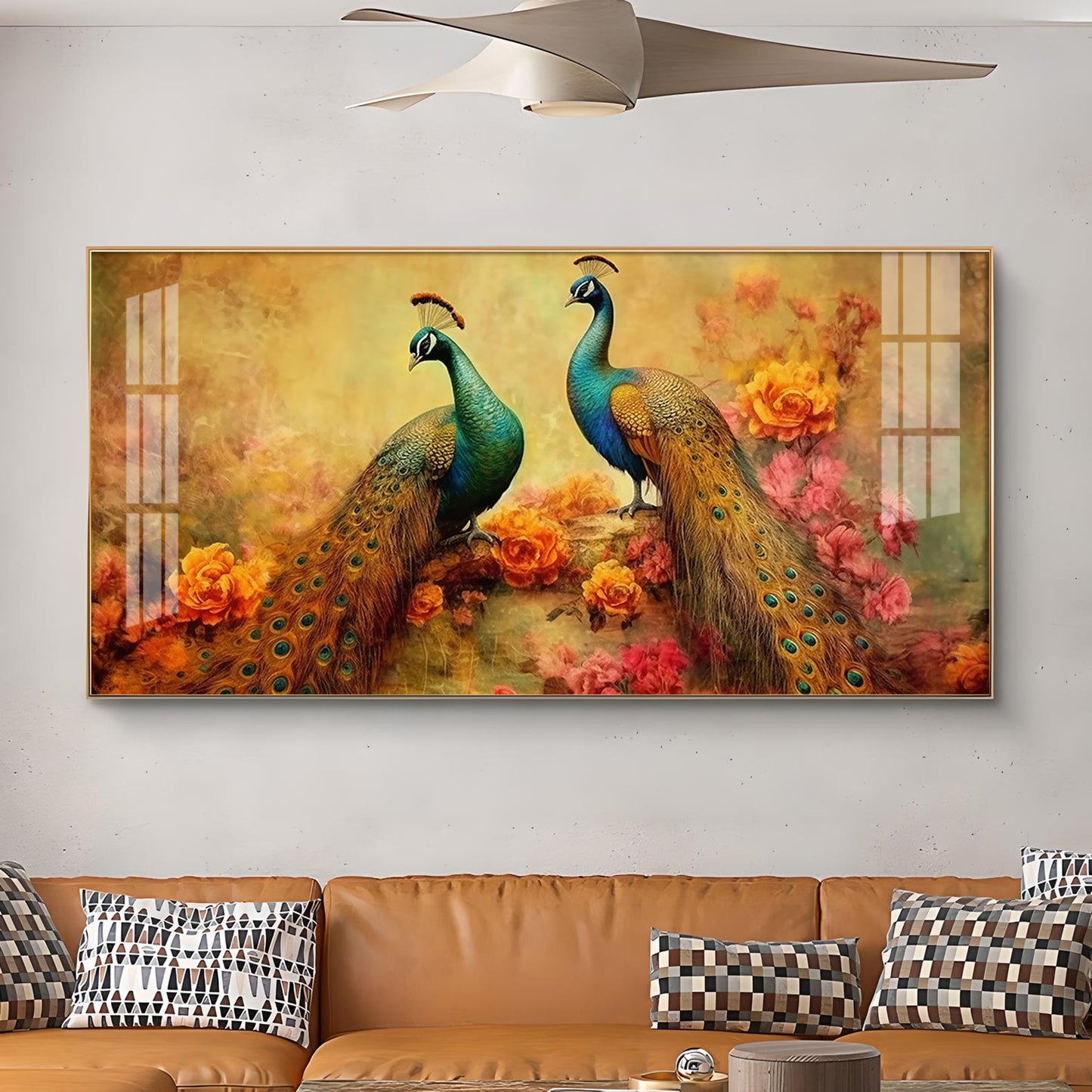 Two Peacock With Flower Background Glass Finish Horizontal Wall Art