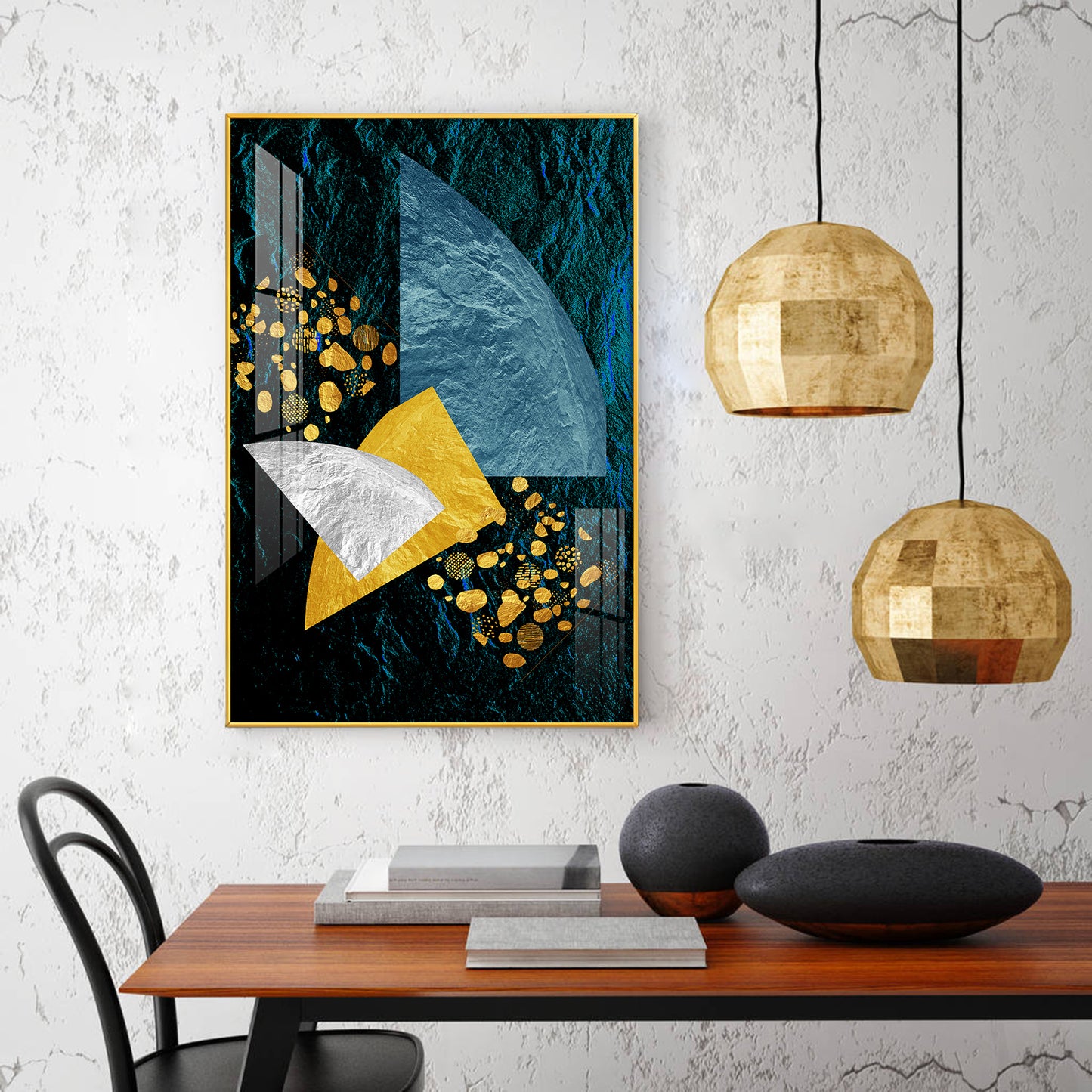 Golden Azure Symphony Glass Finish Vertical Wall Art