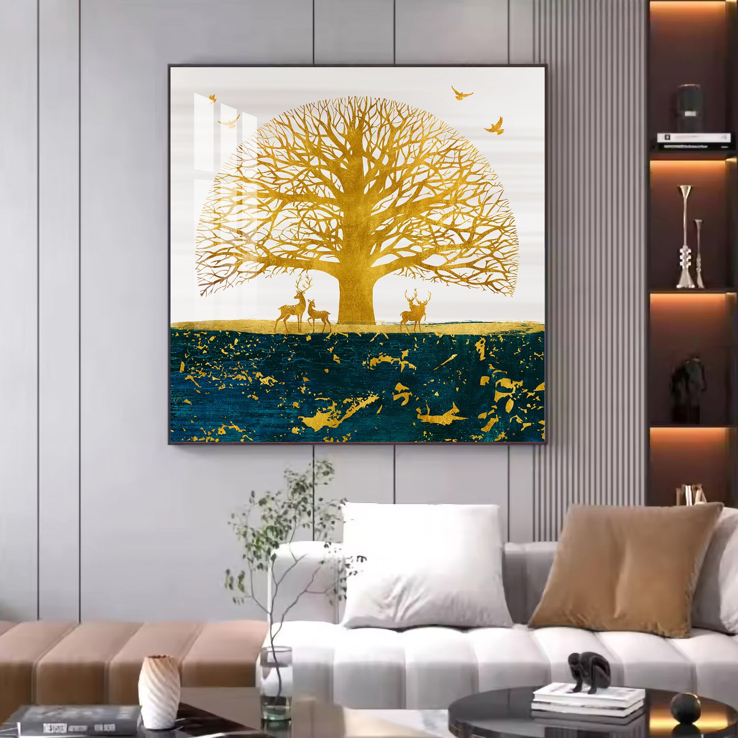 Portrait of Deer and Tree Glass Finish Square Wall Art