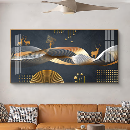 Night Landscape With Golden Deer Glass Finish Horizontal Wall Art