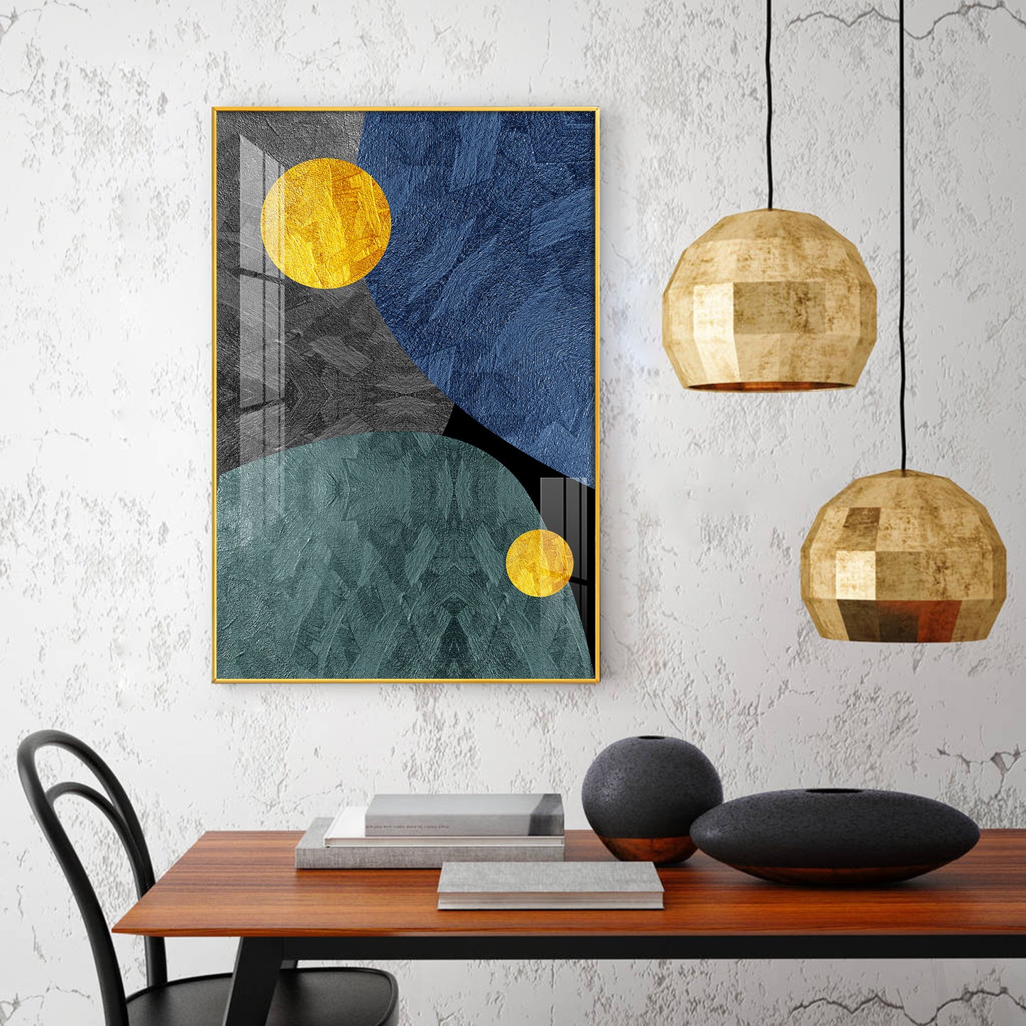 Abstract Yellow and Blue Glass Finish Vertical Wall Art