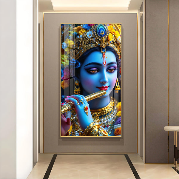 Blue Krishna Glass Finish Vertical Wall Art