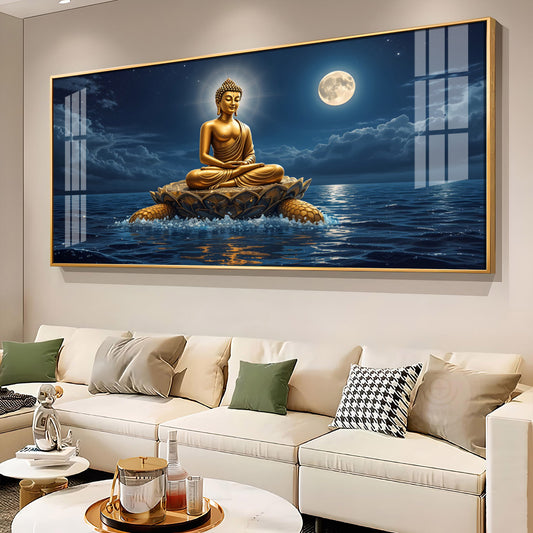 Buddha Sitting Peacfully Glass Finish Horizontal Wall Art