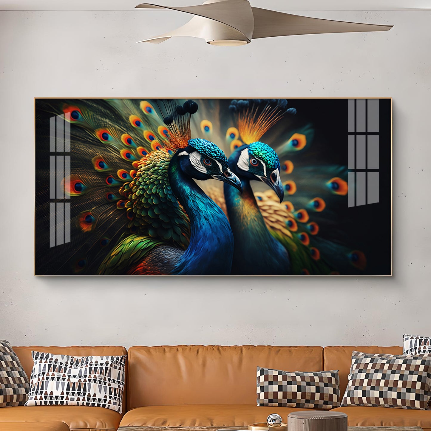 Peacock Duo Glass Finish Horizontal Wall Art