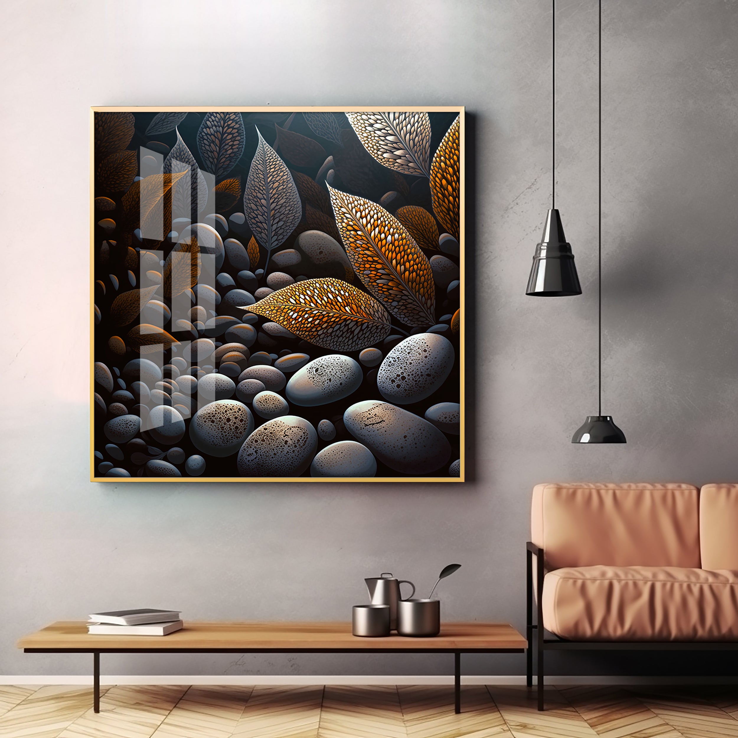 Leaves and Stones Glass Finish Square Wall Art