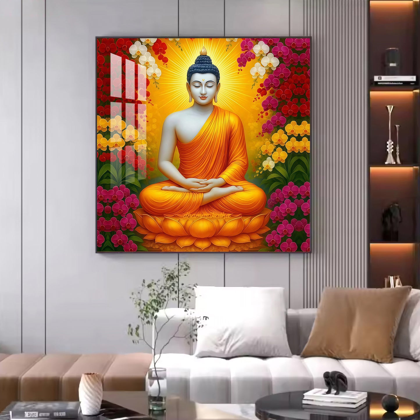 Serene Gautam Buddha Glass Finish Square Wall Art