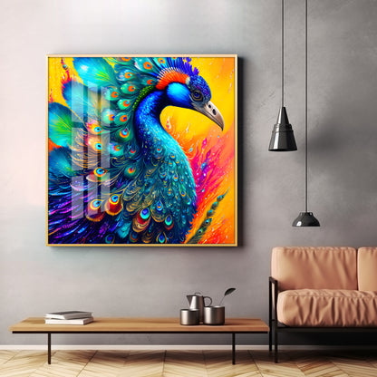 Radiant Peacock Glass Finish Square Wall Art