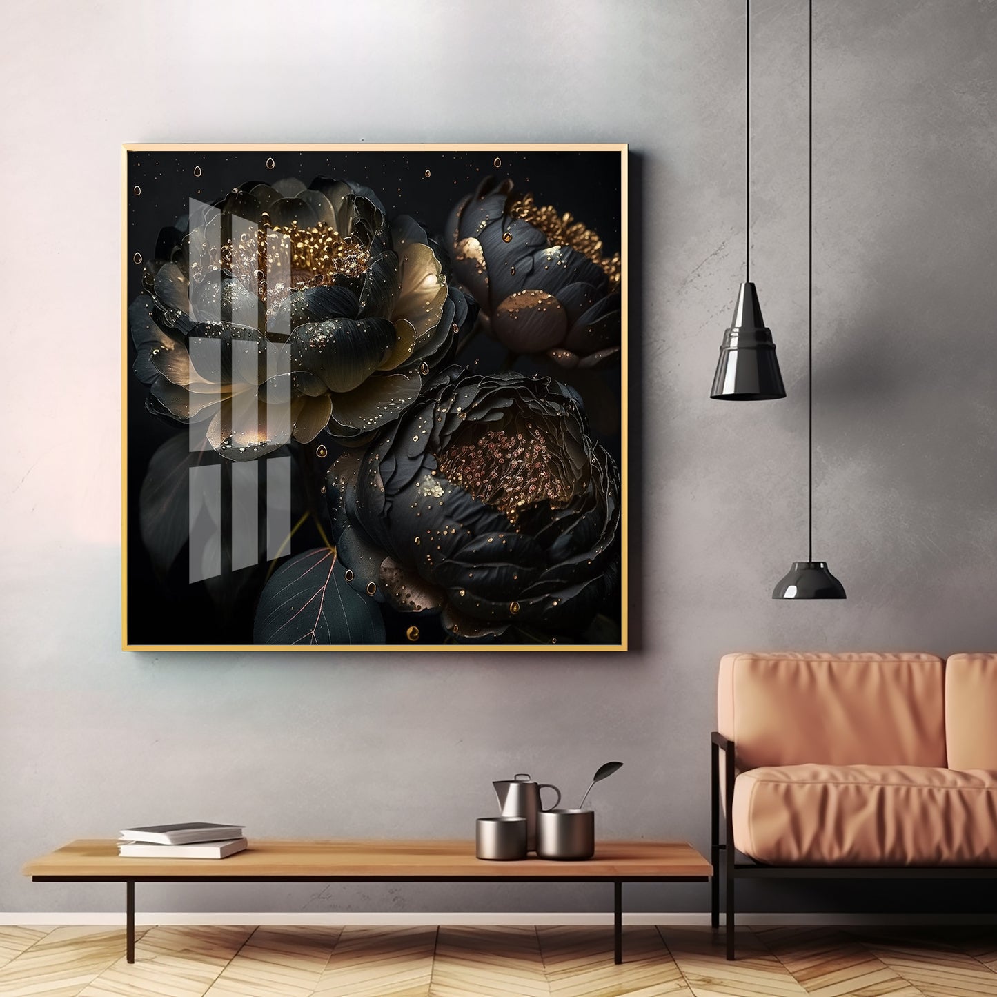 Golden Petals Noir Glass Finish Square Wall Art