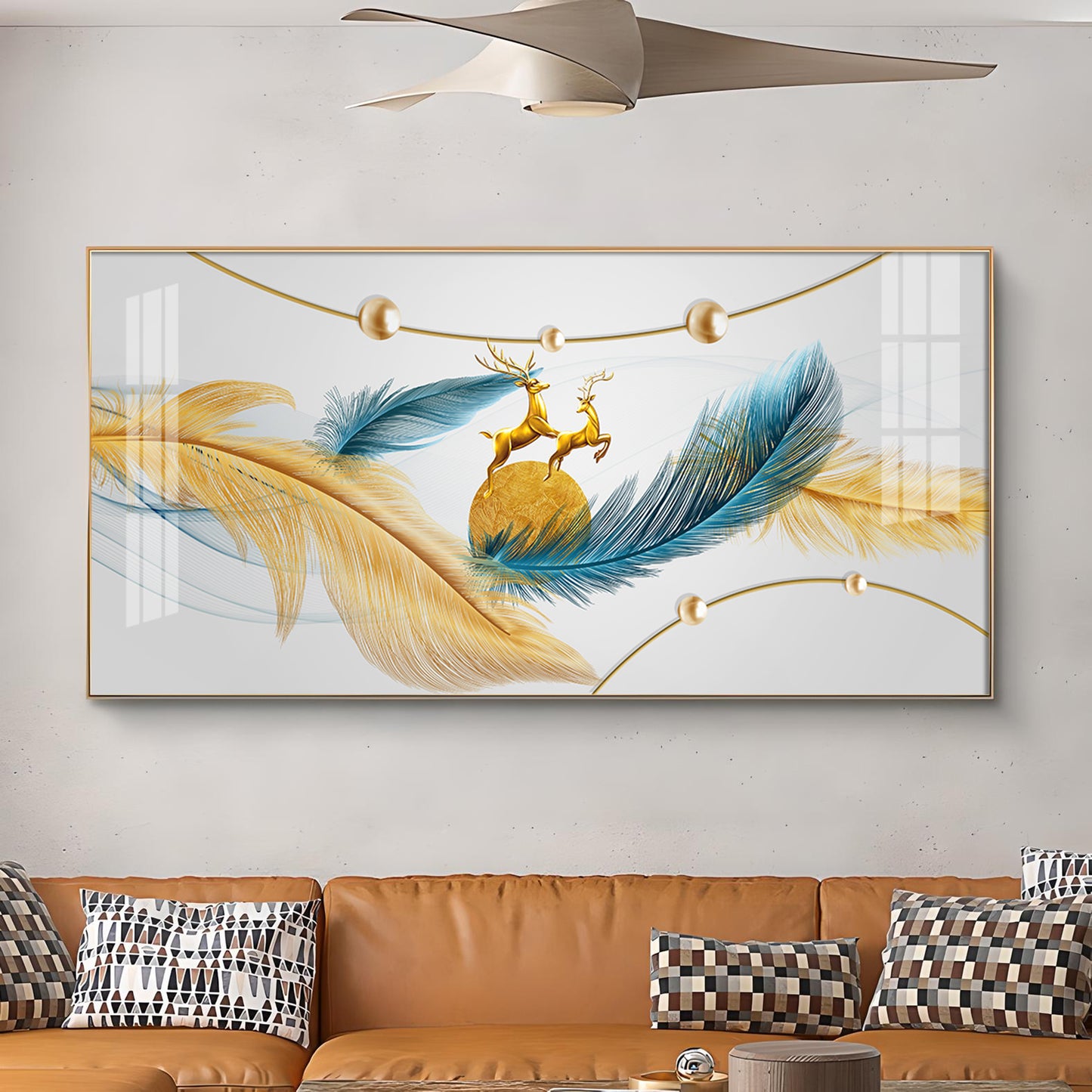 Golden Blue Feathers Glass Finish Horizontal Wall Art