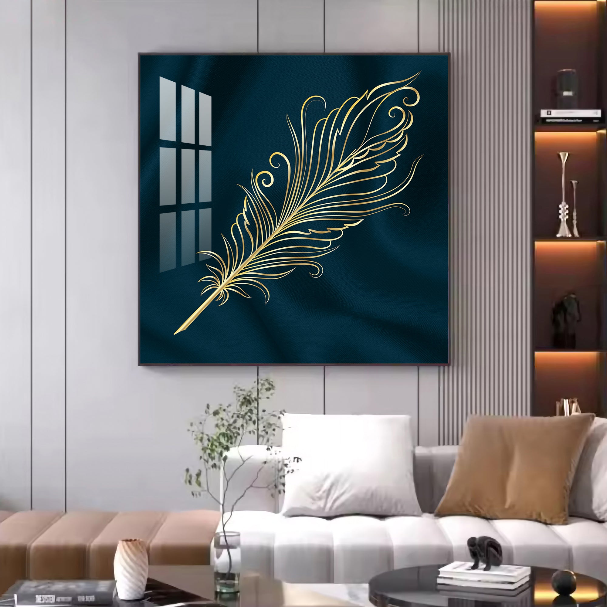 Feather on Azure Glass Finish Square Wall Art