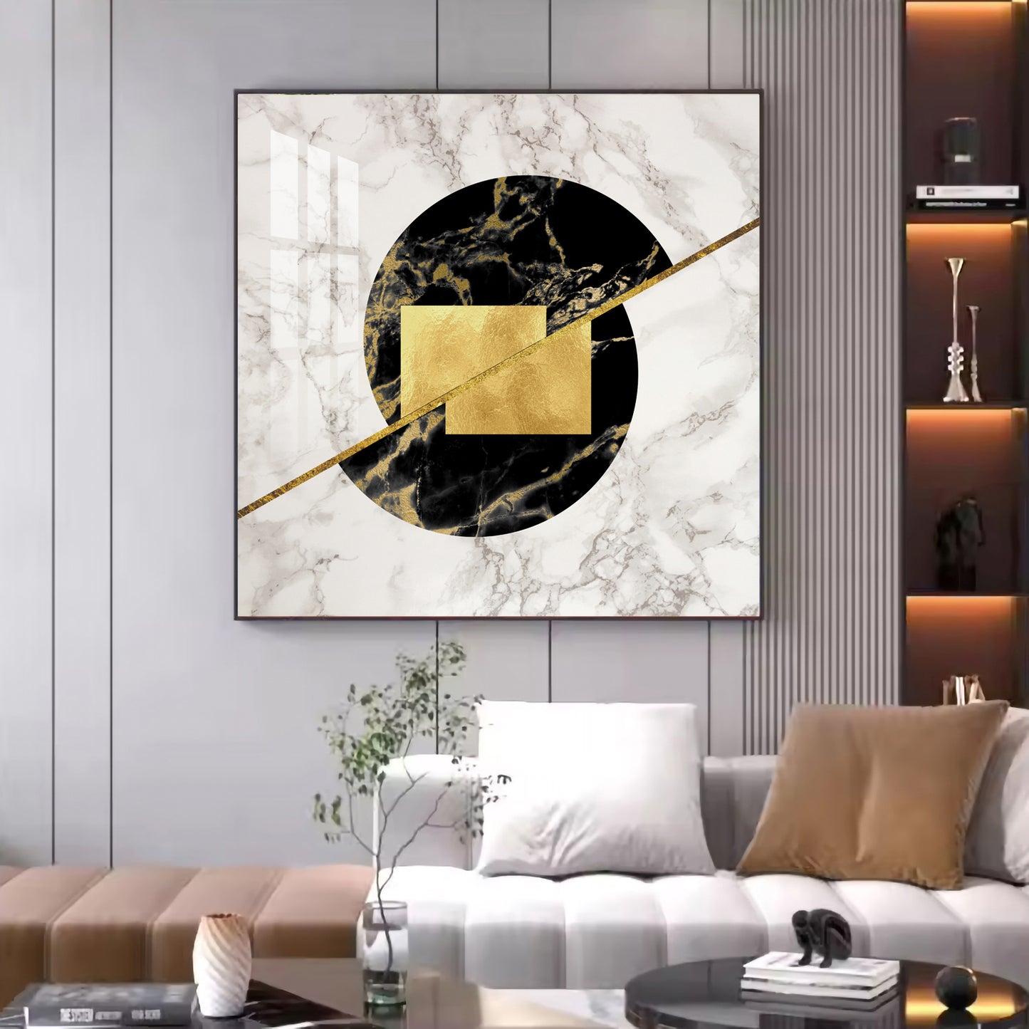 Gold-Infused Black Marble Glass Finish Square Wall Art