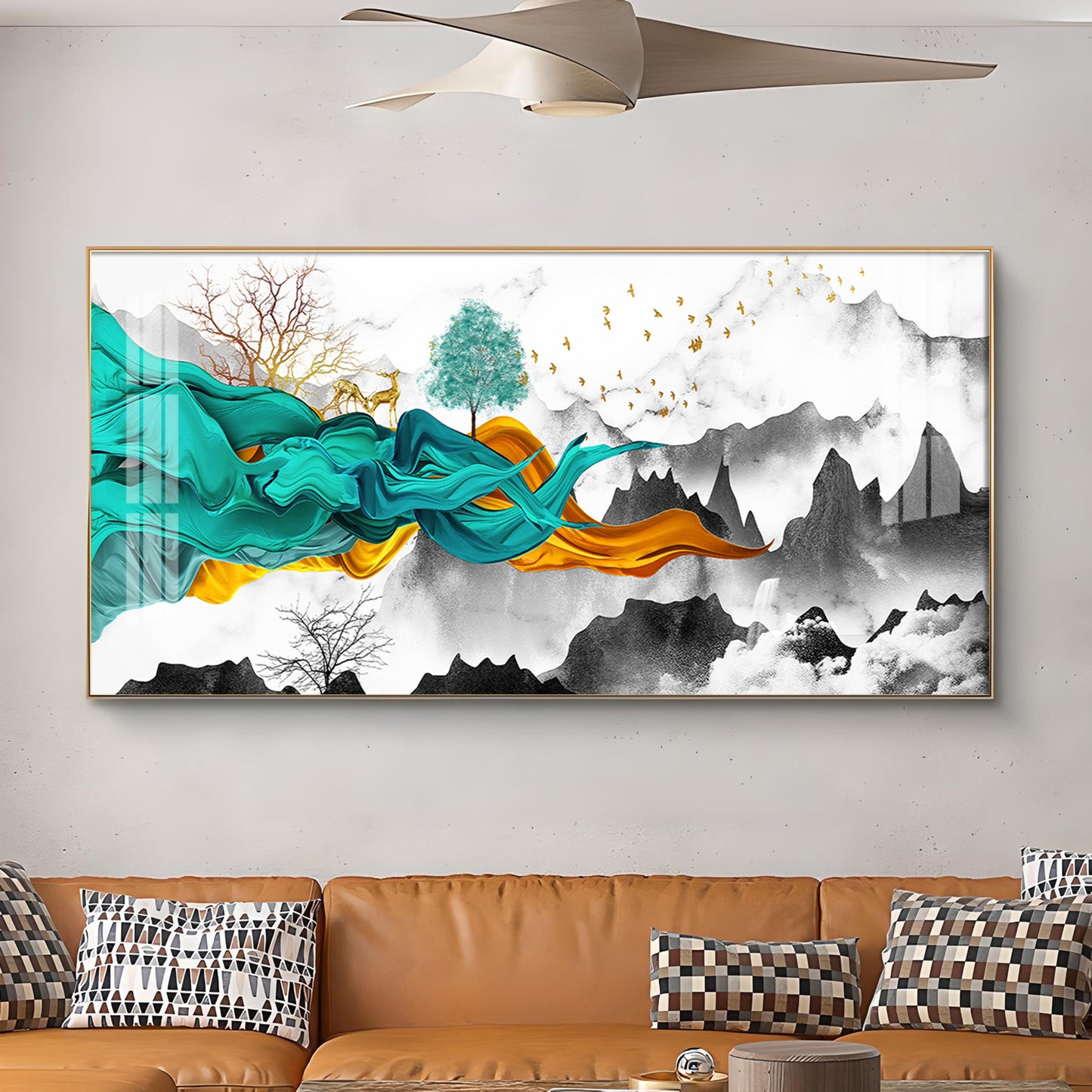 Geometric Abstract Art With Golden Texture Glass Finish Horizontal Wall Art