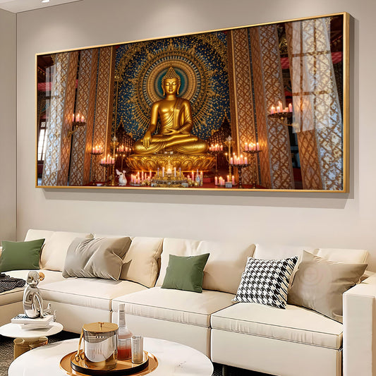 Buddha In Golden Incarnation Glass Finish Horizontal Wall Art