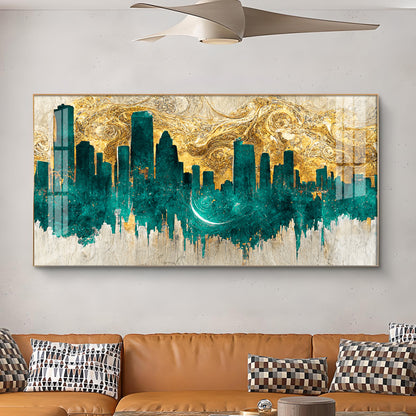 Golden Urban Vista Glass Finish Horizontal Wall Art