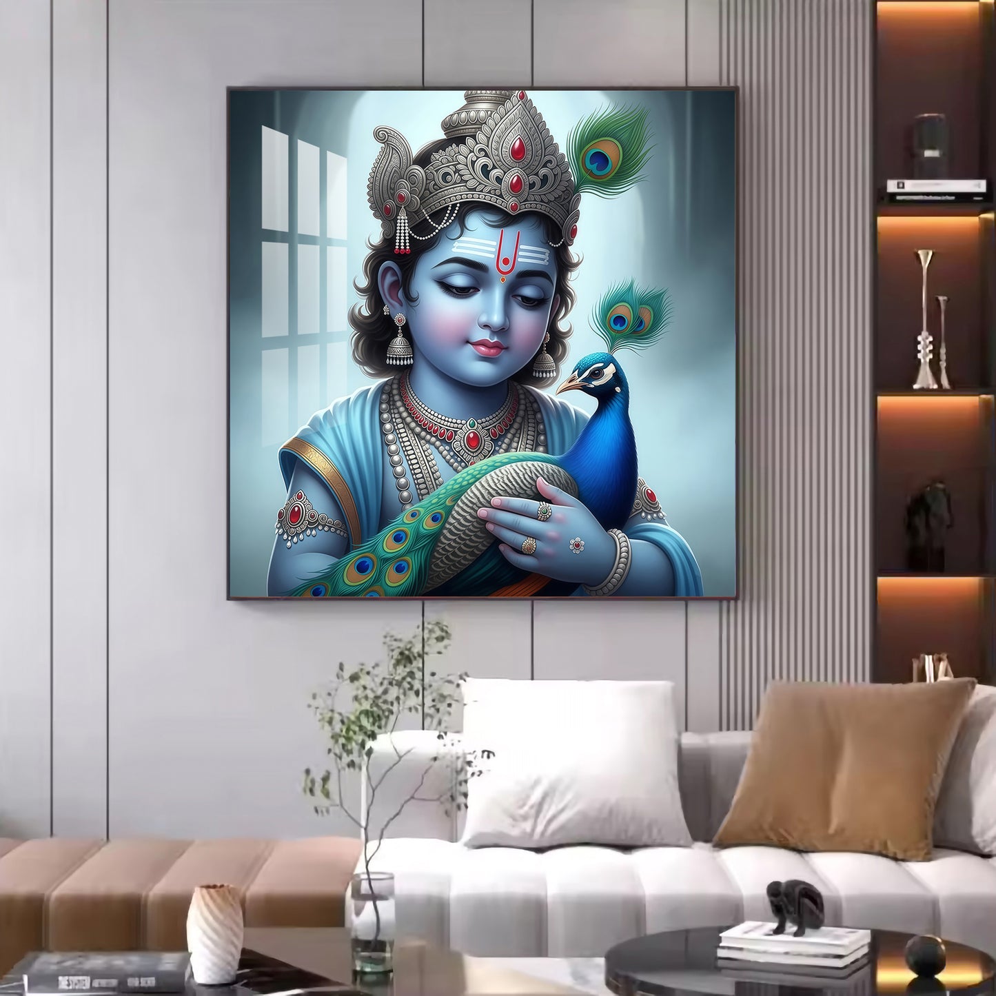 Baby Krishna With Peacock Glass Finish Square Wall Art
