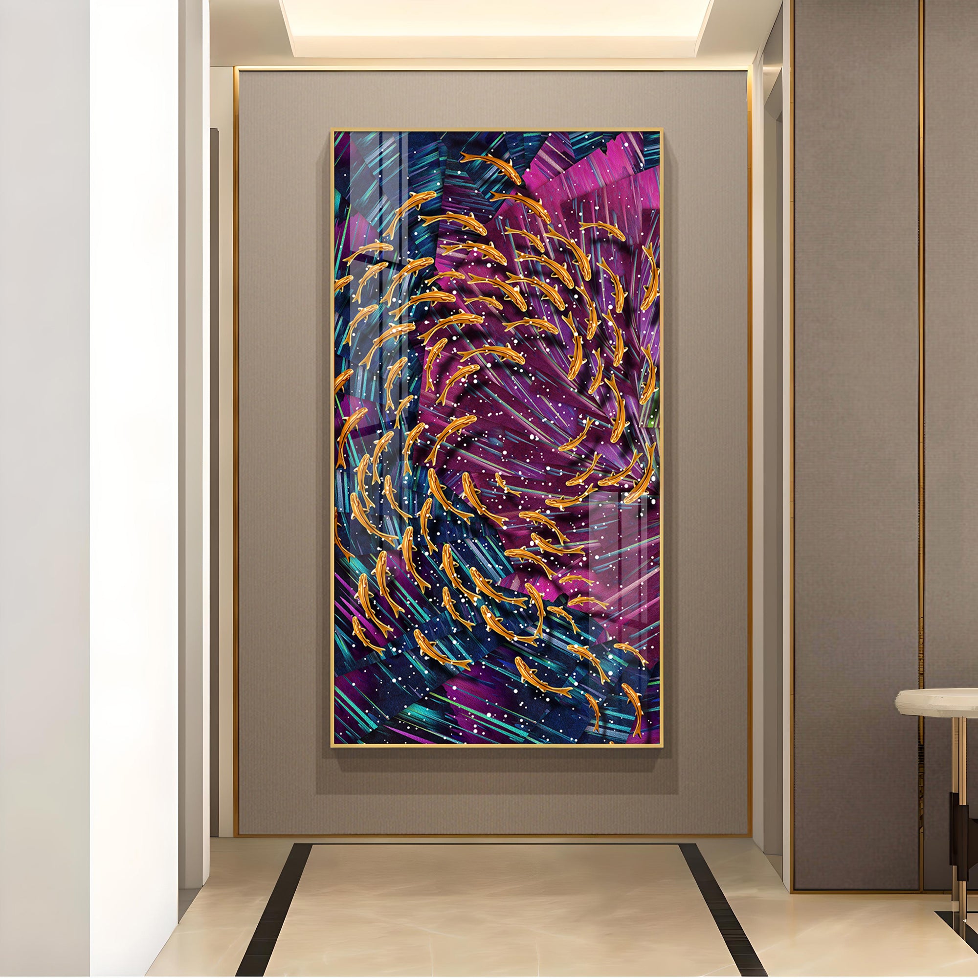 Chromatic Fish Dance Glass Finish Vertical Wall Art