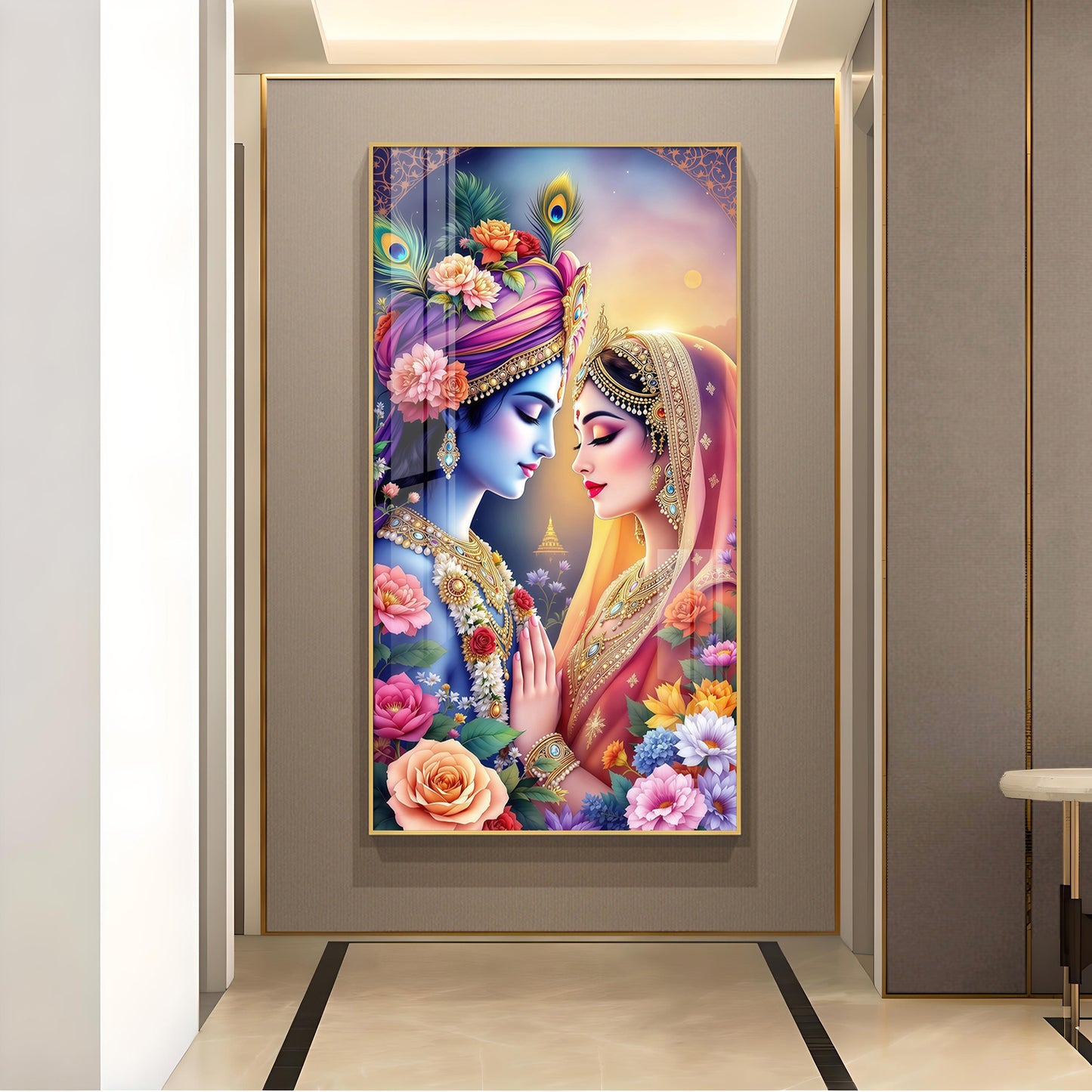 Divine Love Of Radha Krishna Glass Finish Vertical Wall Art