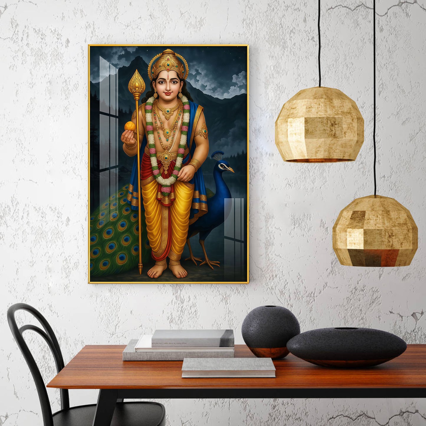 Lord Kartikeya Glass Finish Vertical Wall Art