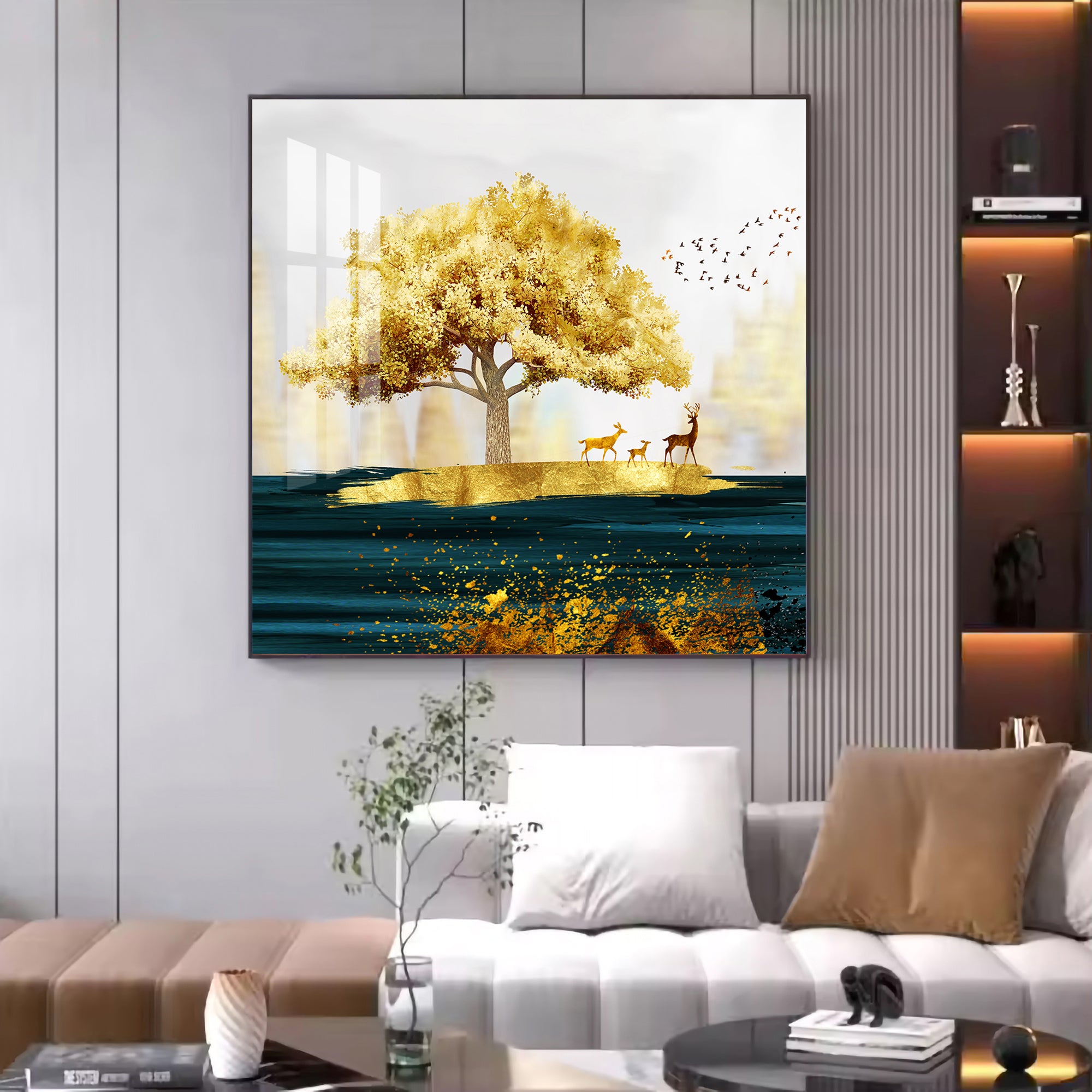 Golden Tree and Deer Glass Finish Square Wall Art