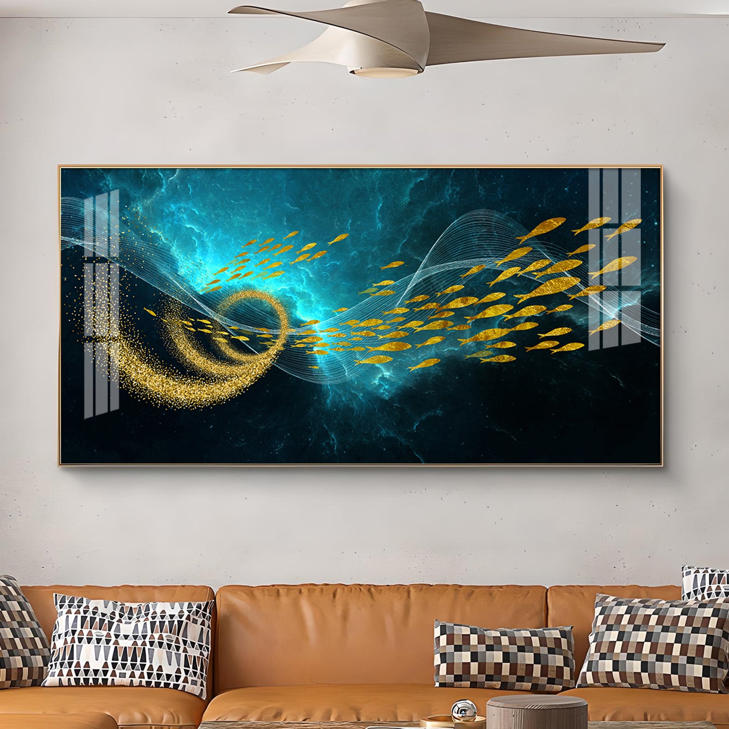 School Of Gold Fish Glass Finish Horizontal Wall Art